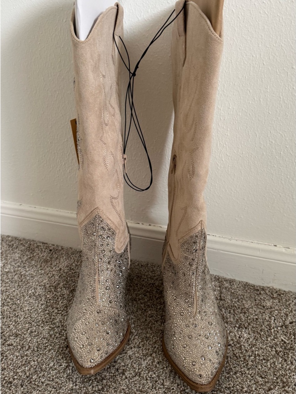 Embellished Tan Suede Western Heeled Boots - Picture 2 of 4